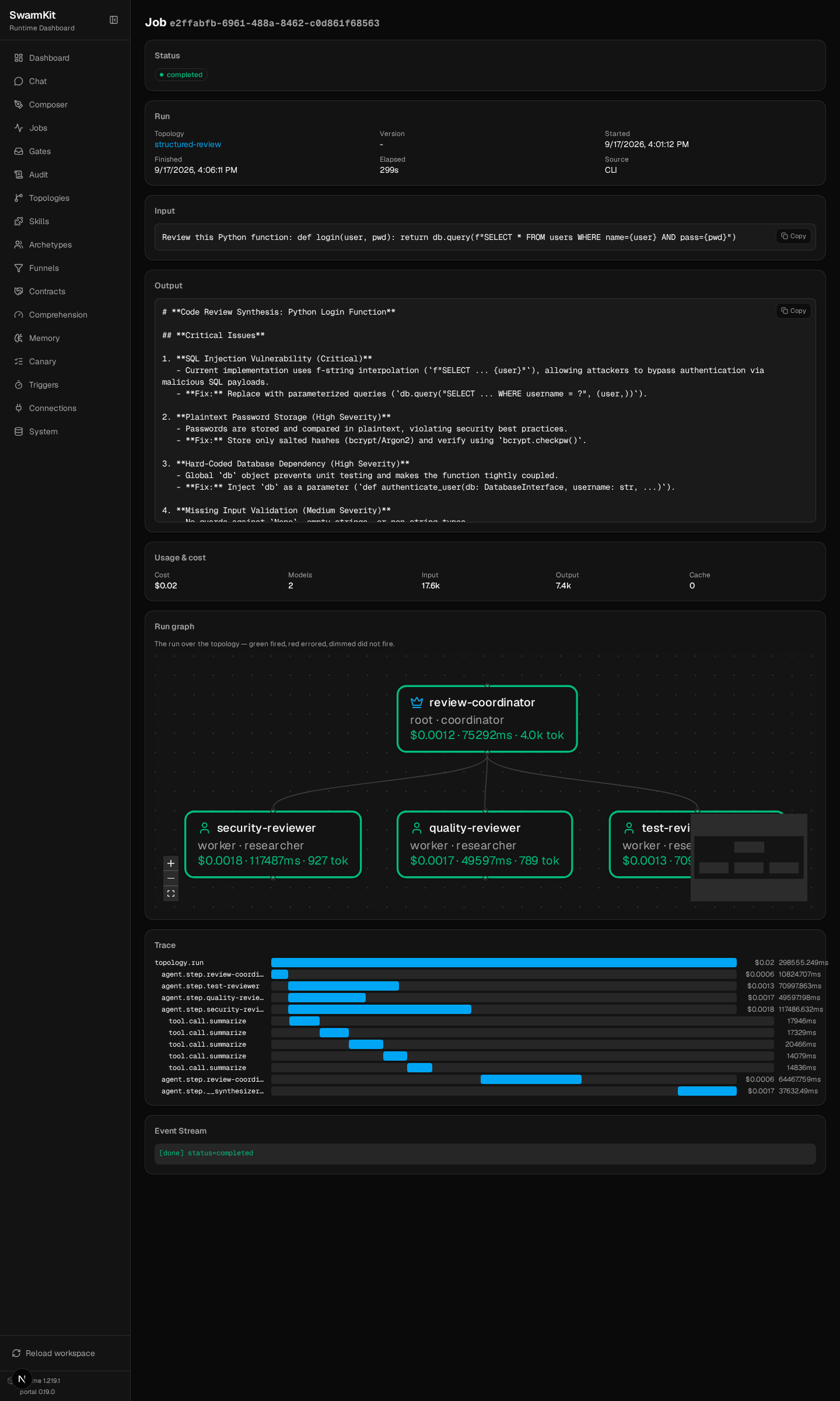 The structured-review run in the portal