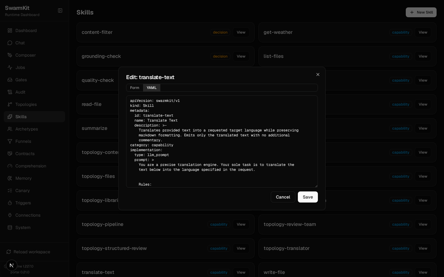 A skill written by the authoring agent, open in the editor