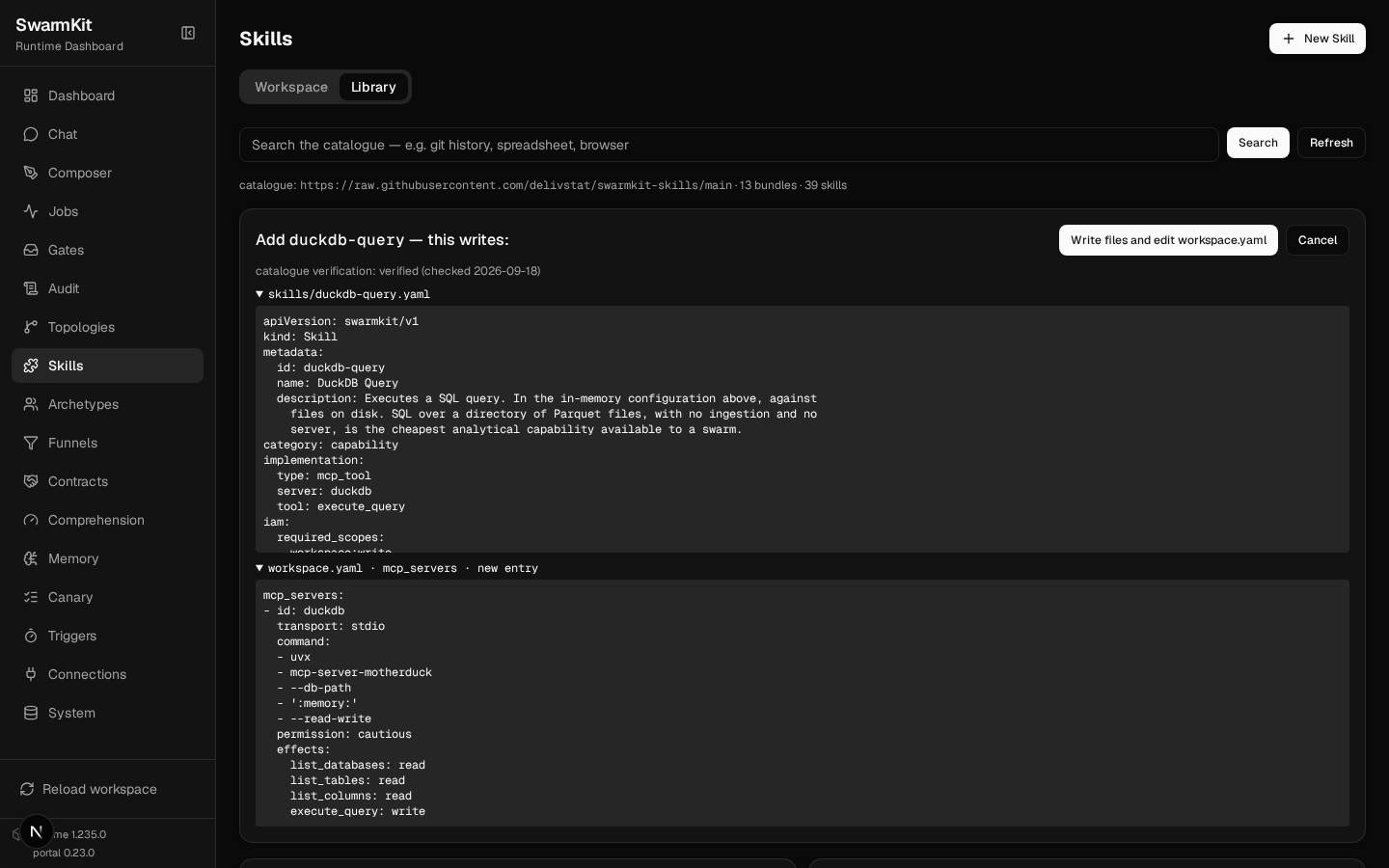 Add shows the skill file and the mcp_servers entry before writing