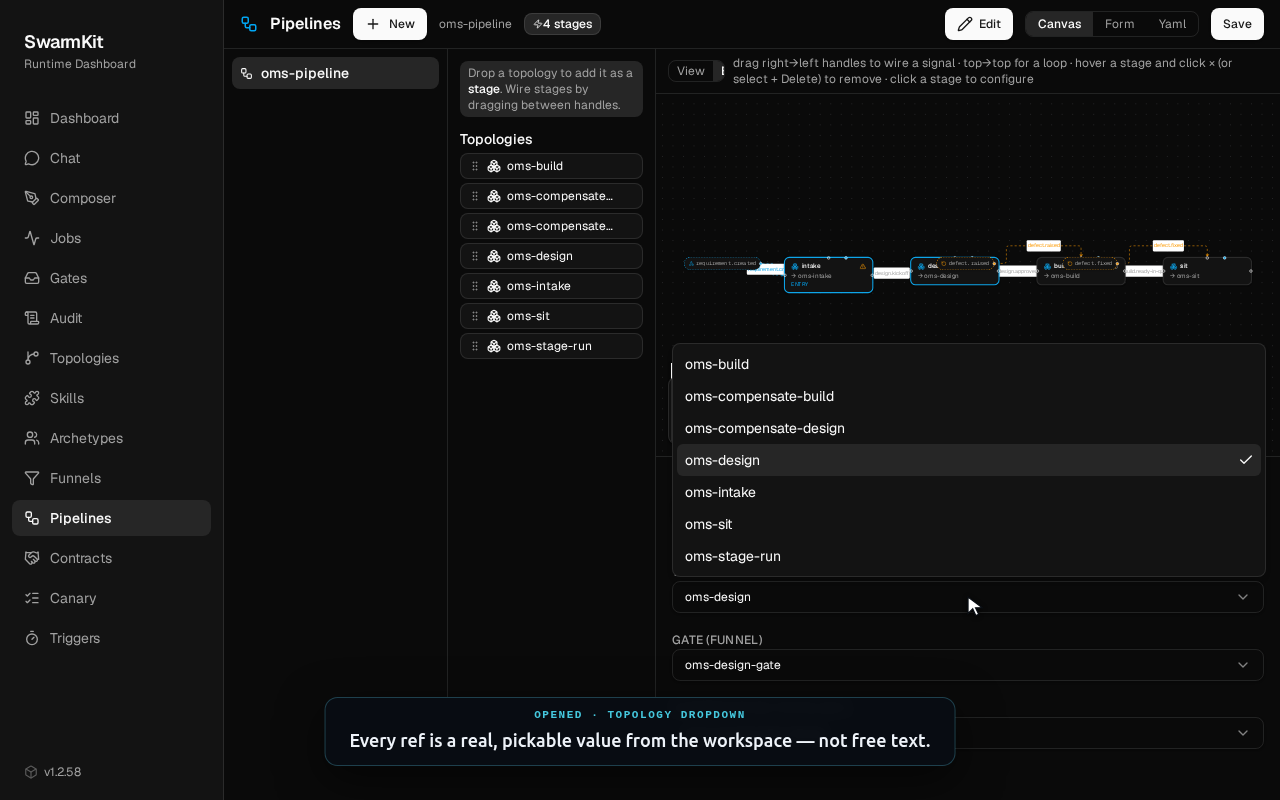 The Topology ref dropdown open