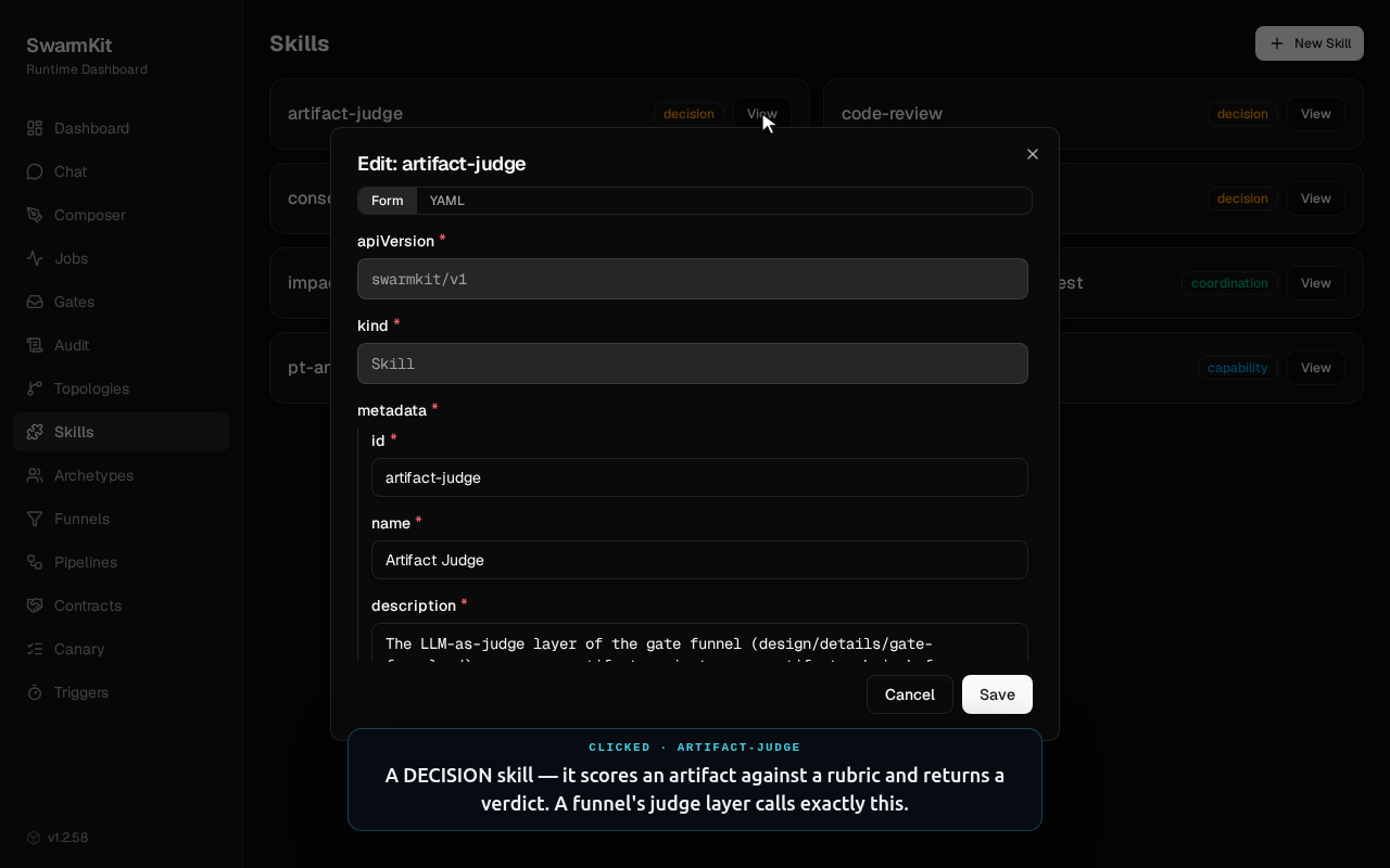 The artifact-judge skill form over the category-badged list